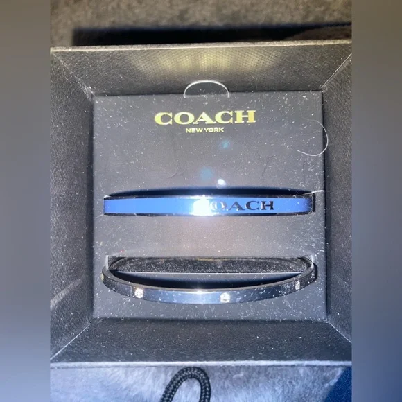 BNIB COACH Navy & Rhodium Plated Duo Bangle Bracelet Set - Picture 1 of 4